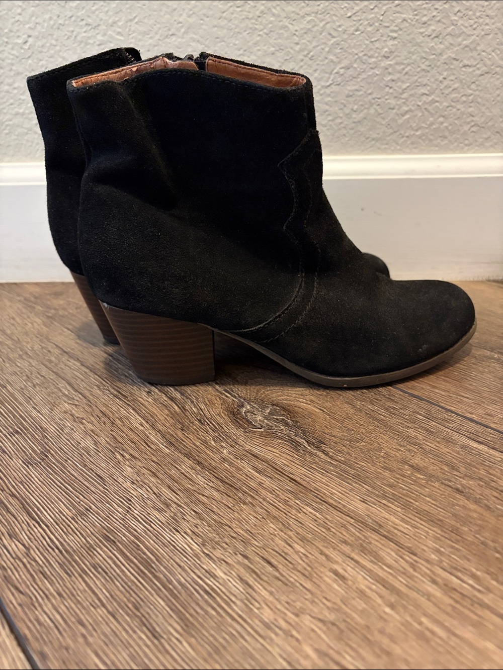 Lucky Brand Black Suede Ankle Booties with Stacked Wood Heel
